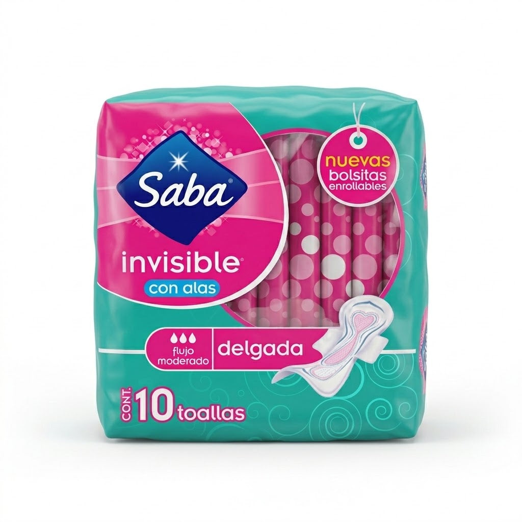 Saba - Toalla Femenina Invisible Con Alas Paq. 10pz (Caja 12 Paq.)