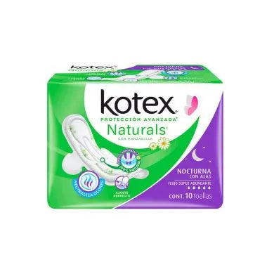 Kotex - Toalla Femenina Manzanilla Nocturna Con Alas Paq. 10pz (Caja 8 Paq.)